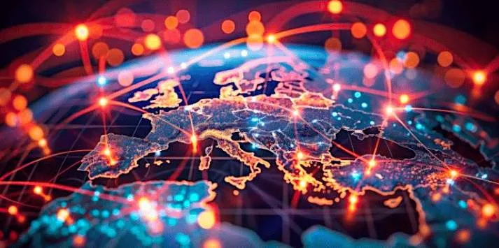 A vibrant digital rendering of Europe at night, illuminated by interconnected points of light symbolizing a network or communication infrastructure.
