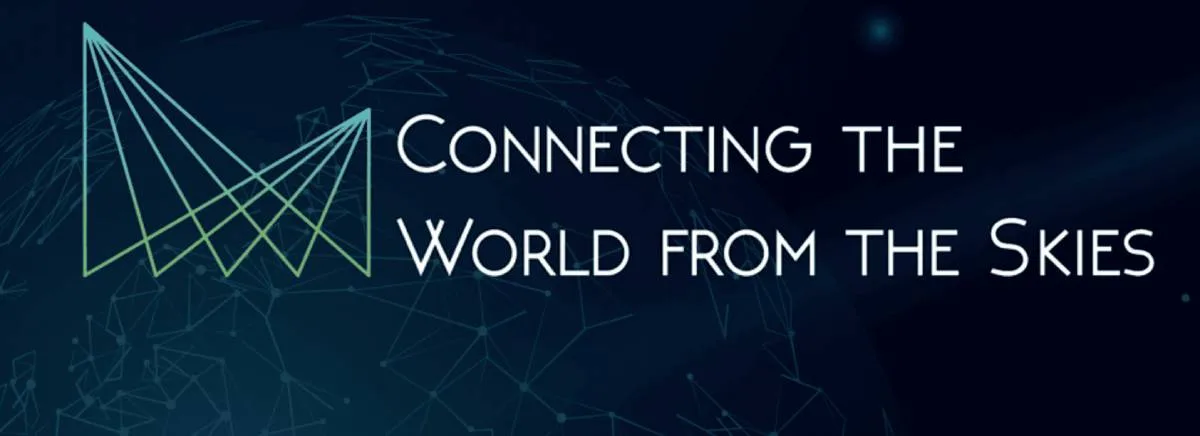 Logo with the text 'Connecting the World from the Skies' and abstract light beams over a digital globe.