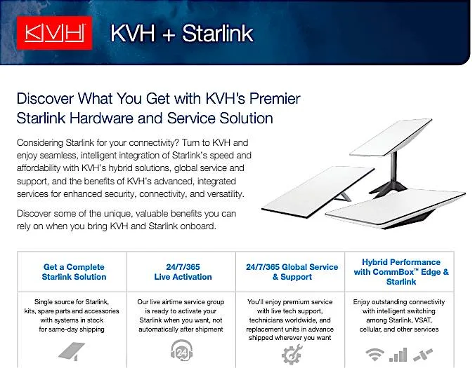 Advertisement for KVH's premier Starlink hardware and service solution, highlighting features such as complete Starlink solutions, 24/7 live activation, global service and support, and hybrid performance with CommBox Edge.