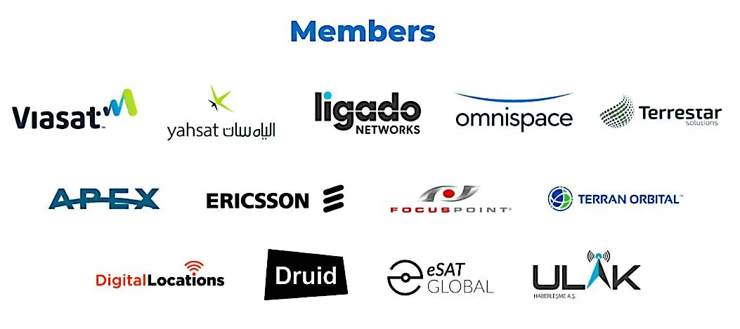 Logos of companies listed as members of the Mobile Satellite Services Association (MSSA), including Viasat, Yahsat, Ligado Networks, Omnispace, Terrestar Solutions, APEX, Ericsson, FocusPoint, Terran Orbital, Digital Locations, Druid, eSAT Global, and ULAK.