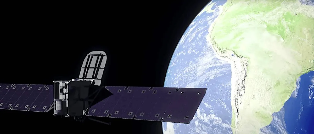 A satellite in orbit with Earth in the background, focusing on the South American continent.