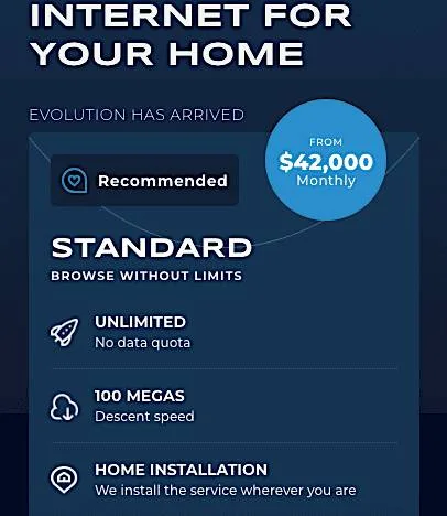 A promotional graphic for Orbith's standard internet plan, offering unlimited data, 100 Mbps speed, and home installation for $42,000 monthly.