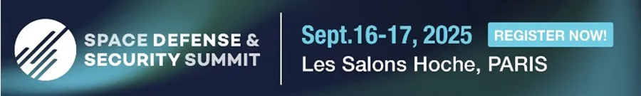 Promotional banner for the 2025 Space Defense & Security Summit in Paris, emphasizing global collaboration and strategic priorities in space situational and domain awareness.