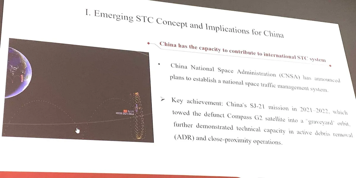 Slide highlighting China's space traffic coordination efforts, featuring the SJ-21 mission's active debris removal of Compass G2 and plans for a national space traffic management system.
