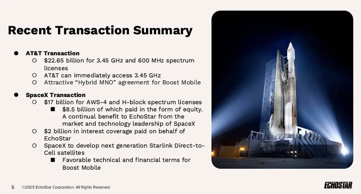 EchoStar presentation slide summarizing AT&T and SpaceX spectrum transactions, featuring a rocket launch image and financial details tied to Boost Mobile and Starlink Direct-to-Cell development.