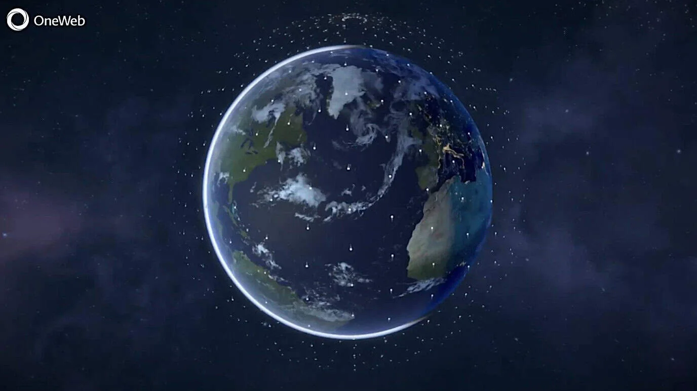 Graphic of the Eutelsat Group's OneWeb satellite constellation showing hundreds of satellites in low Earth orbit around the planet.