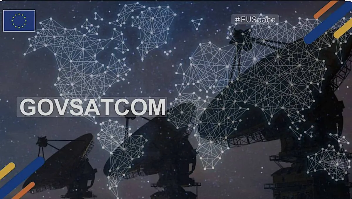 Satellite dishes and a mesh network world map illustrate the EU's GOVSATCOM initiative for secure government satellite communications, with Ukraine invited to participate.