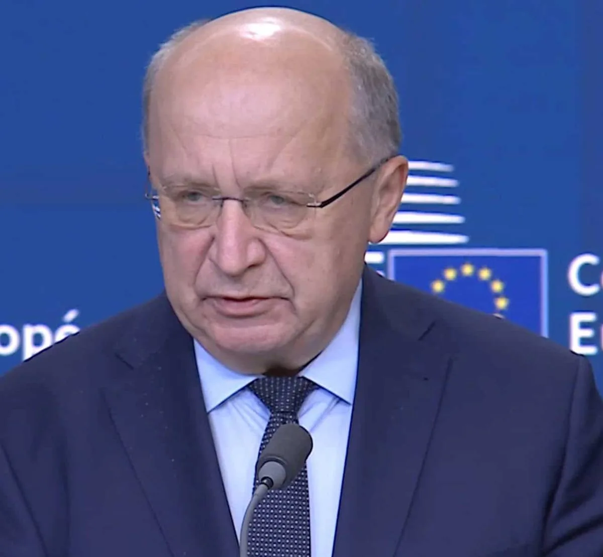 European Defence and Space Commissioner Andrius Kubilius speaks at a European Council press conference.