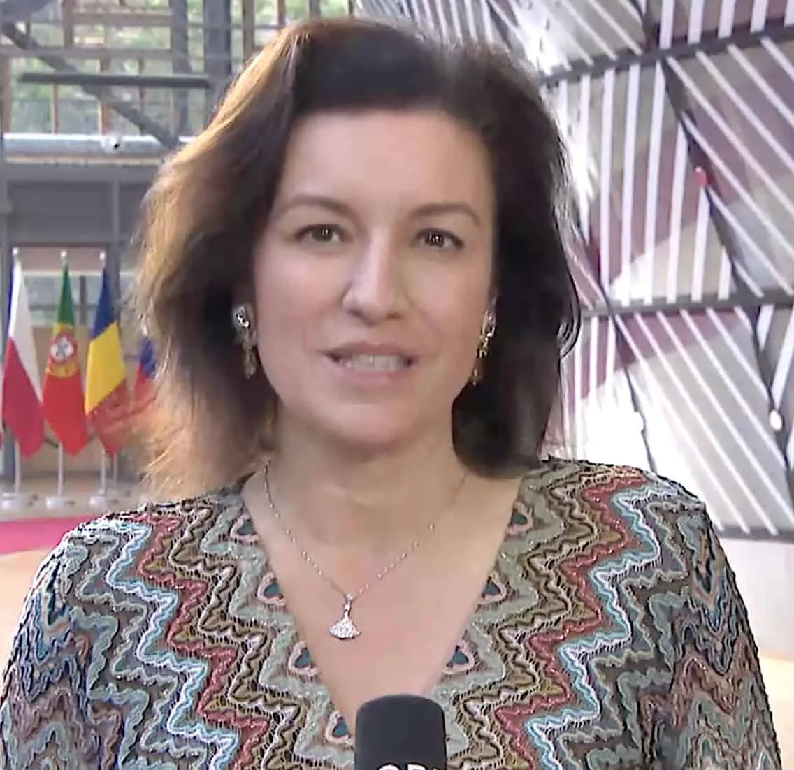 Dorothee Bär speaking into a microphone in a patterned dress, standing before a row of European national flags and a modern glass-and-metal backdrop.