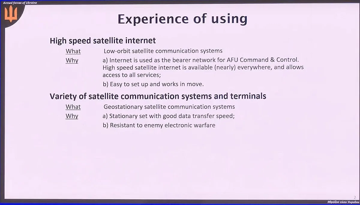 Presentation slide comparing Ukraine's experience with high-speed, mobile LEO satellite internet versus stationary, EW-resistant GEO satellite communications systems.