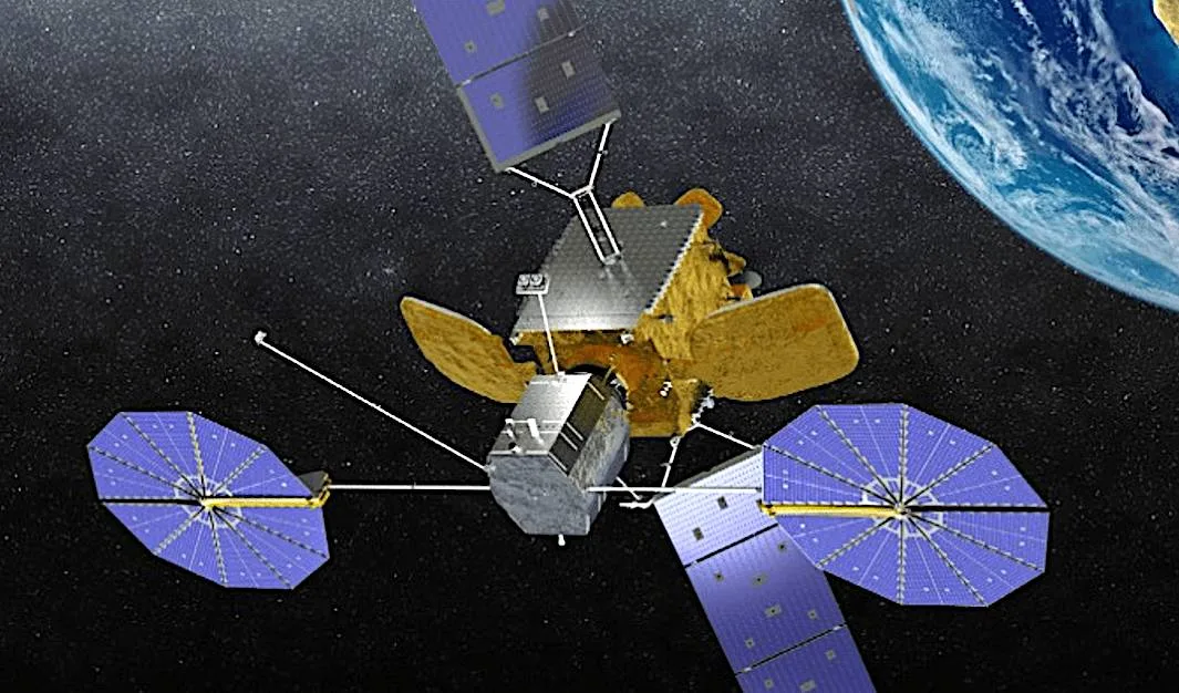 A stylized illustration depicts a satellite in orbit around Earth, featuring multiple solar panels and antennas.