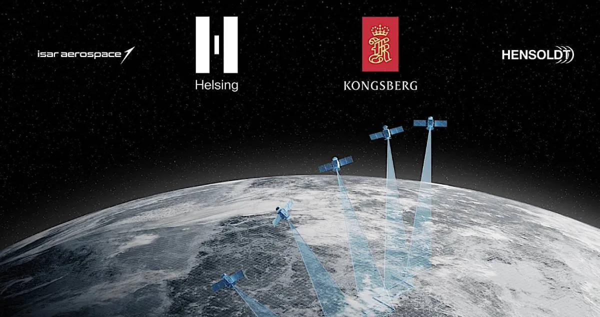 Digital illustration of Earth from space with six satellites beaming data to the surface and four company logos—Isar Aerospace, Helsing, Kongsberg, and Hensoldt—above, indicating a collaborative satellite intelligence partnership.