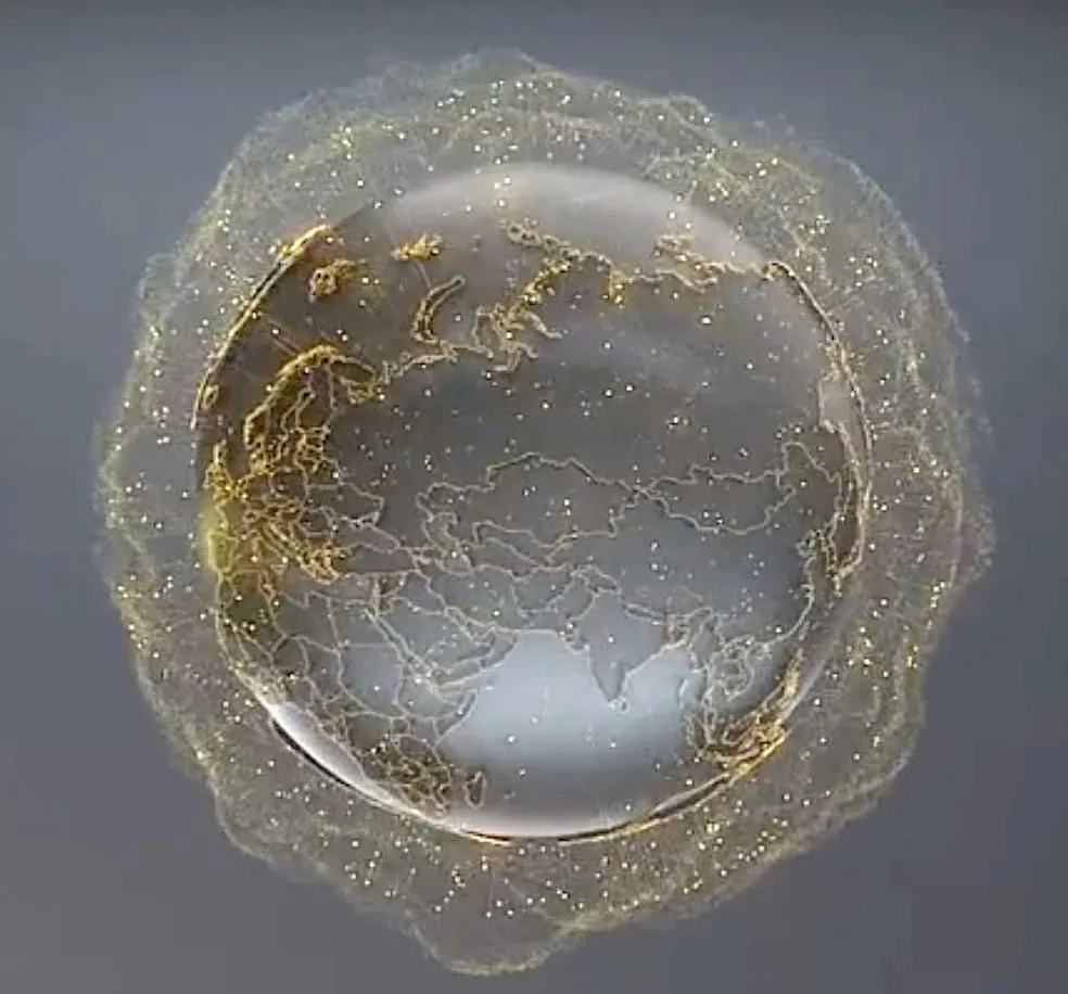 Stylized globe of Earth surrounded by a glowing, golden satellite network, representing Project Kuiper's global connectivity.
