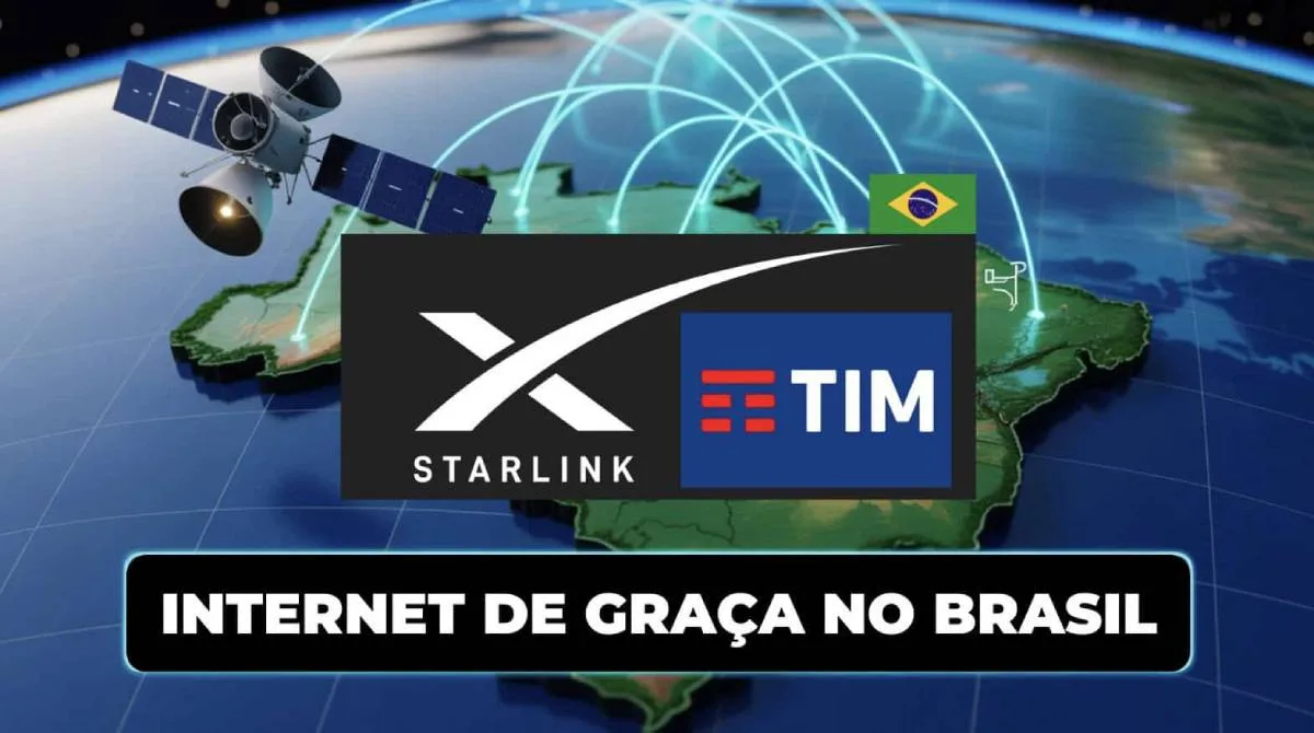 Starlink and TIM logos over a map of Brazil with a satellite providing network coverage, announcing 'Free Internet in Brazil'.