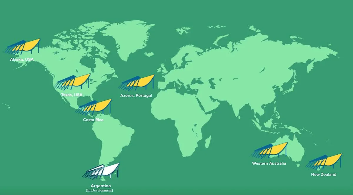 Map of the world highlighting locations of wave energy projects: Alaska, Texas, Costa Rica, Azores (Portugal), Western Australia, New Zealand, and Argentina (in development).