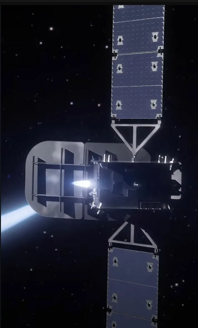 Artistic rendering of an Astranis UtilitySat satellite in space with solar panels extended, firing its thruster. (Source: Astranis)
