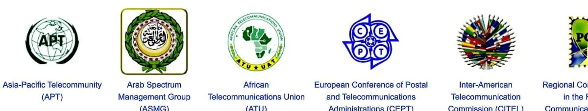 Logos of six regional telecommunications organizations involved in global spectrum governance, highlighting international stakeholders in X-band spectrum debates at the World Radiocommunication Conference.