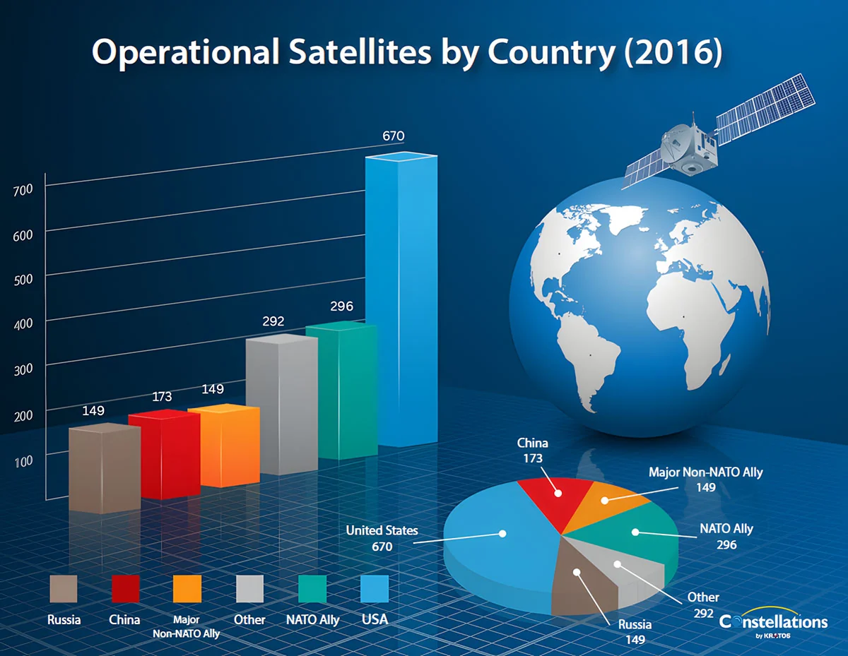A 3D bar chart and pie chart illustrating the global distribution of operational satellites by country in 2016, with the United States leading at 670 satellites.
