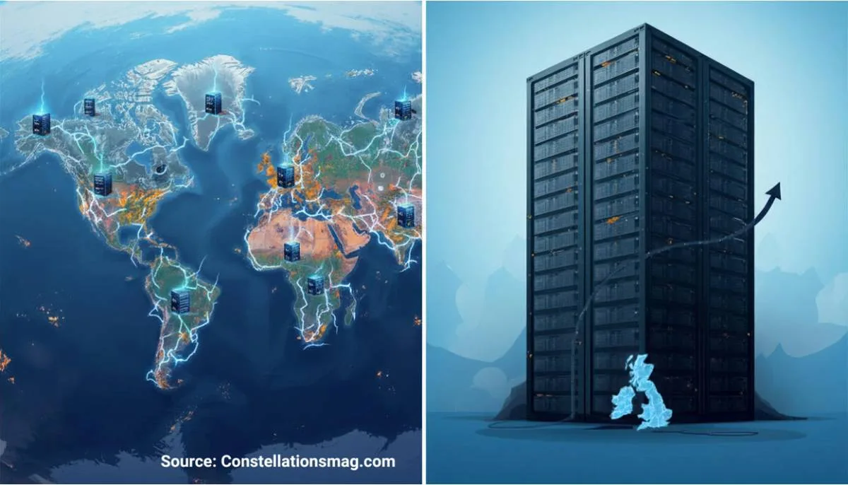 A split image showing a world map with data centers connected by glowing energy networks on the left, and a massive monolithic data center tower rising behind a glowing map of the United Kingdom with an upward-pointing arrow on the right.