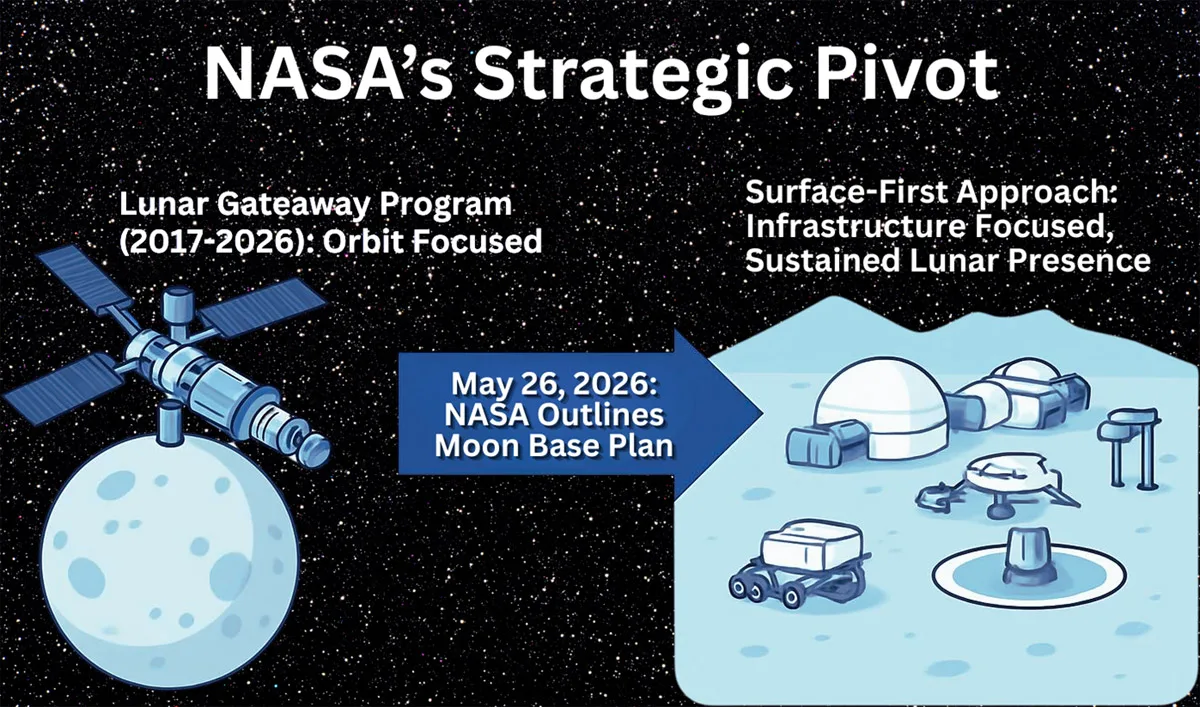 Infographic showing NASA's shift from an orbit-focused lunar Gateway program to a surface-focused Moon base strategy.