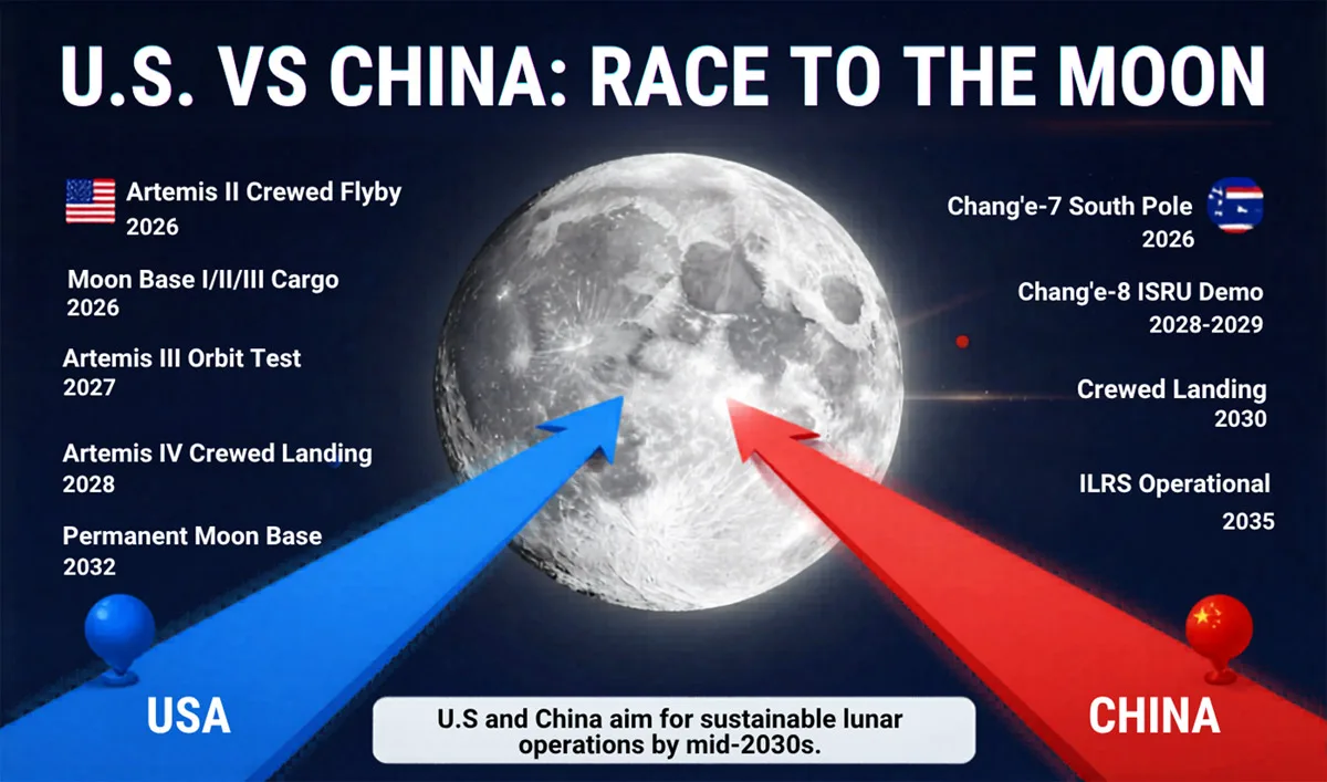 Infographic comparing U.S. and China lunar mission timelines, with blue and red arrows pointing toward the Moon.