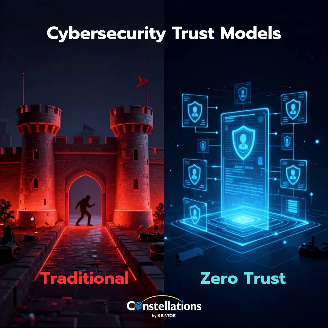 An infographic contrasts traditional cybersecurity, illustrated by a dark castle with a glowing red gate, against a zero-trust model, depicted by a futuristic network of glowing blue digital identity profiles.