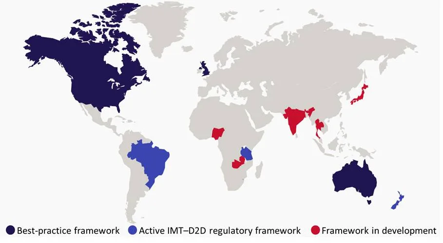 A world map highlights countries with direct-to-device satellite regulatory frameworks, color-coded by their status: best-practice framework, active IMT-D2D regulatory framework, or framework in development.