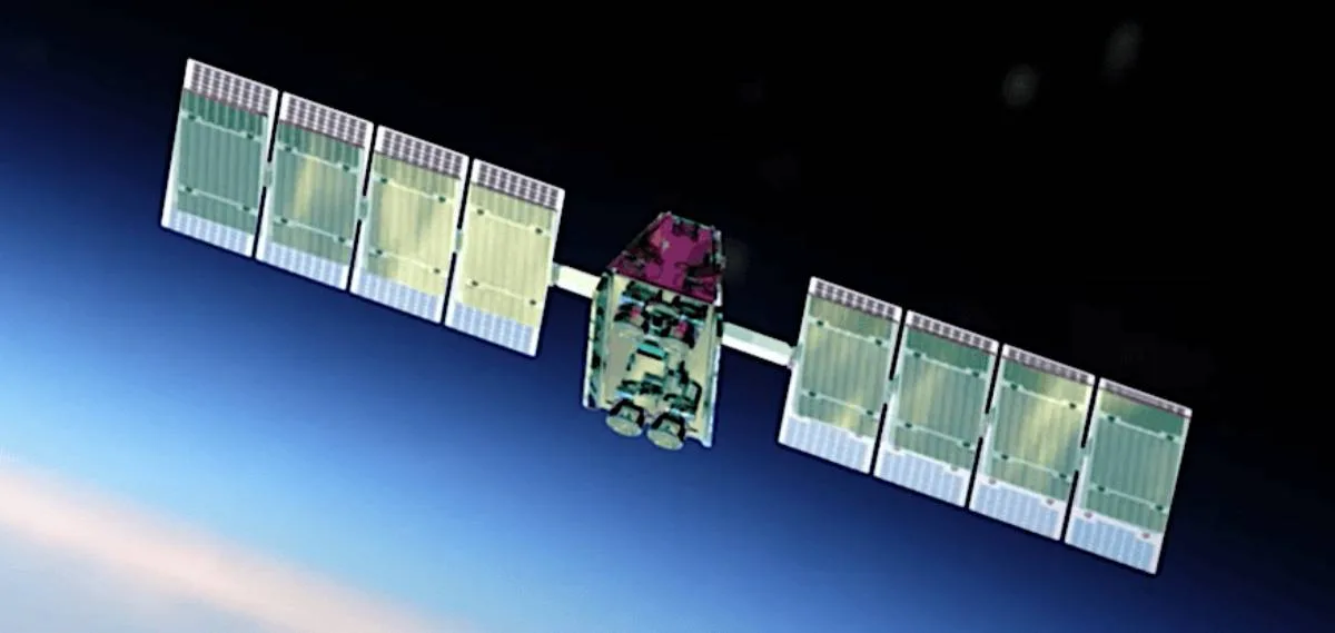 A digital rendering of MDA Space's Aurora software-defined digital satellite orbiting above Earth with its large solar arrays fully deployed.