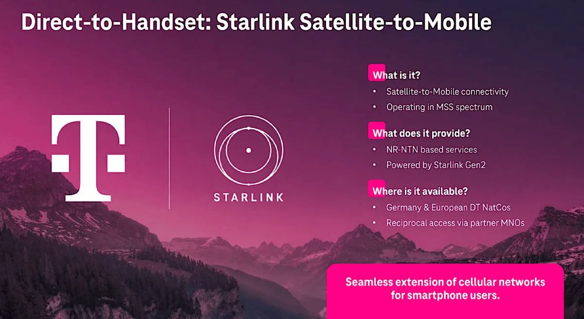 Direct-to-Handset: Starlink Satellite-to-Mobile. A presentation slide detailing the partnership between Deutsche Telekom and Starlink to provide NR-NTN based satellite-to-mobile services for smartphones across Germany and Europe.