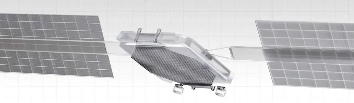 A rendering of the MDA Aurora D2D satellite, featuring a central hexagonal bus with two large rectangular solar arrays extended on opposite sides.