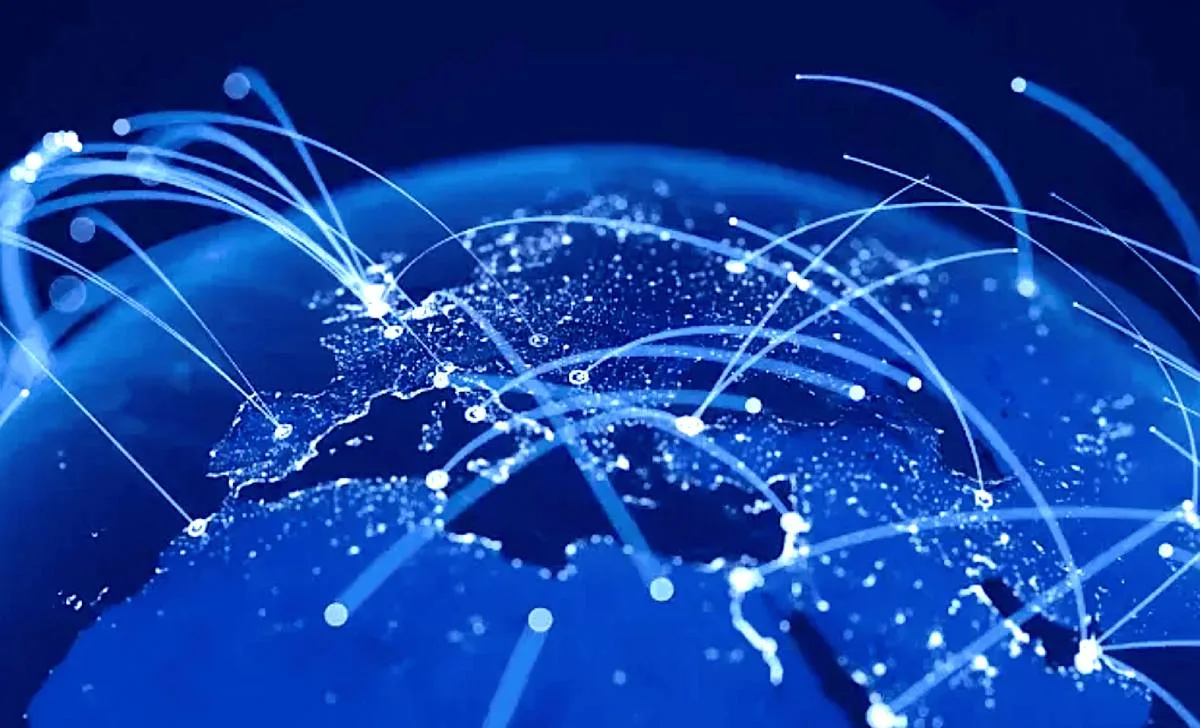 A digital illustration of Earth centered on Europe with glowing blue light trails representing a secure satellite communications network.