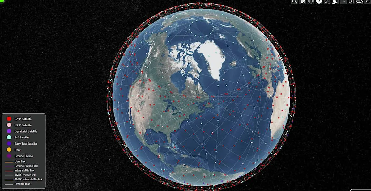 A global satellite tracker visualization shows multiple orbital shells of communication satellites interconnected by red network lines forming a dense web over North America.