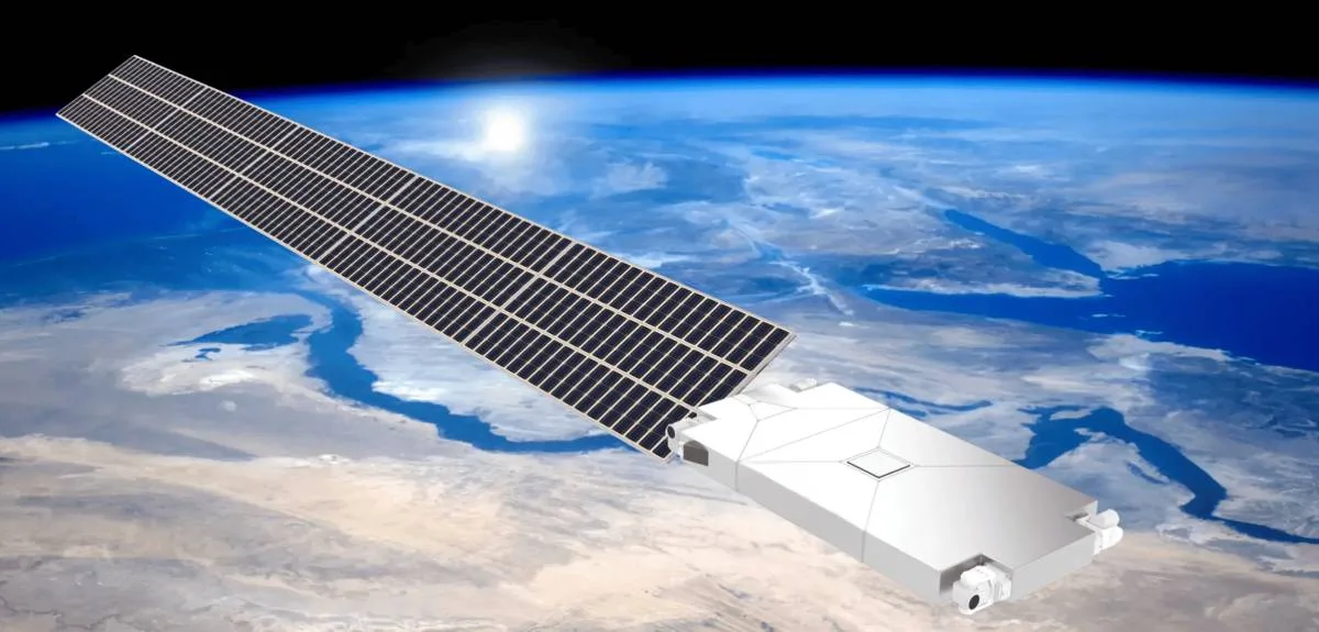 An artist's concept shows a sleek Univity broadband satellite with a long, extended solar array panel orbiting high above the Earth.