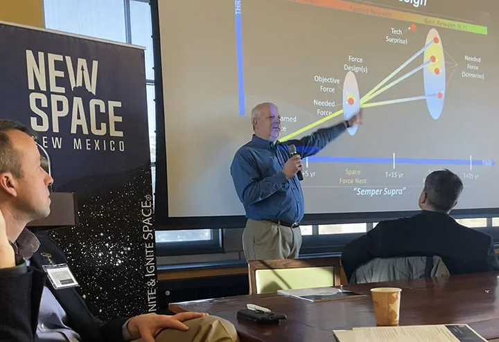 Dr. Joel Mozer Space Force chief scientist and director for Science, Technology and Research addresses the Space Futures Workshop, Nov. 29, 2022.